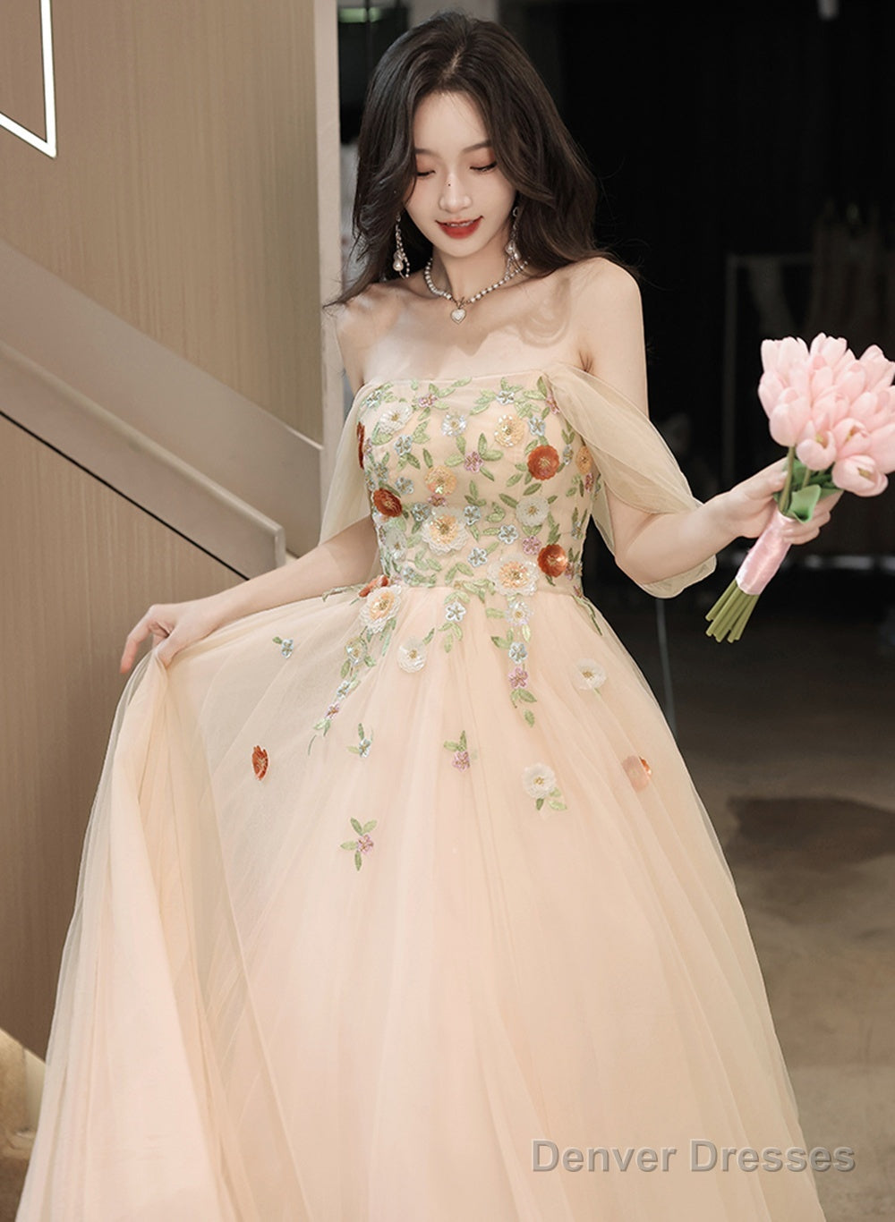 Light Champagne A-Line Off Shoulder Party Dress, Tulle With Lace Applique Prom Dress