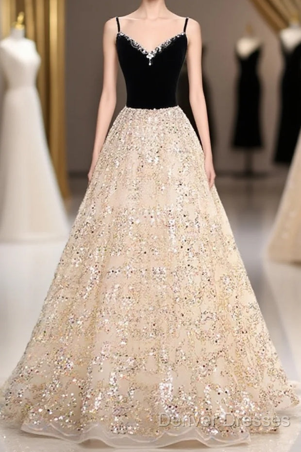 Light Champagne Beaded V-Neckline Party Dress, Cute Straps Long Prom Dress Main image