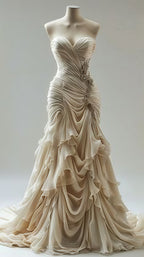 Light Champagne Chiffon Ruffle Prom Dress With Applique Beads,