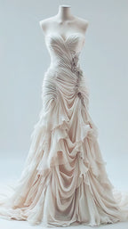 Light Champagne Chiffon Ruffle Prom Dress With Applique Beads,