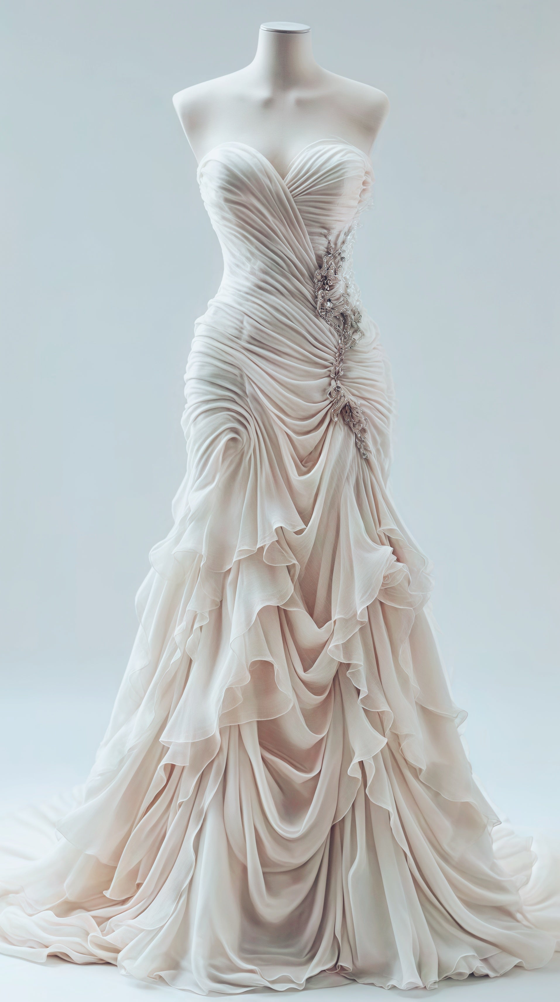 Light Champagne Chiffon Ruffle Prom Dress With Applique Beads,