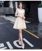 Light Champagne Cute Lace Short Party Dress, Lovely Lace Tulle Prom Dress Homecoming Dress