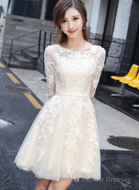 Light Champagne Cute Lace Short Party Dress, Lovely Lace Tulle Prom Dress Homecoming Dress Main image