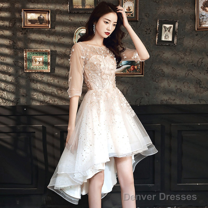 Light Champagne Lace Applique Short Sleeves High Low Party Dress, Short Homecoming Dresses Secondary image
