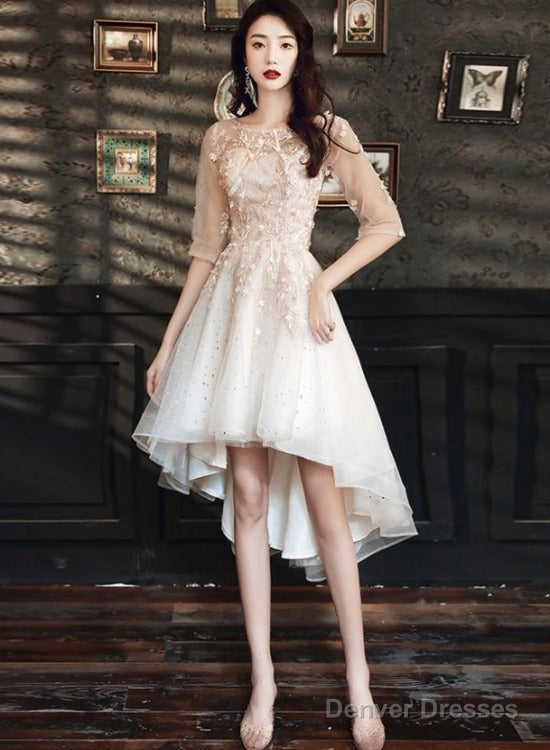 Light Champagne Lace Applique Short Sleeves High Low Party Dress, Short Homecoming Dresses Main image