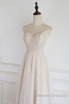 Light Champagne Lace Straps Sweetheart Party Dress Formal Dress, Tea Length Wedding Party Dress