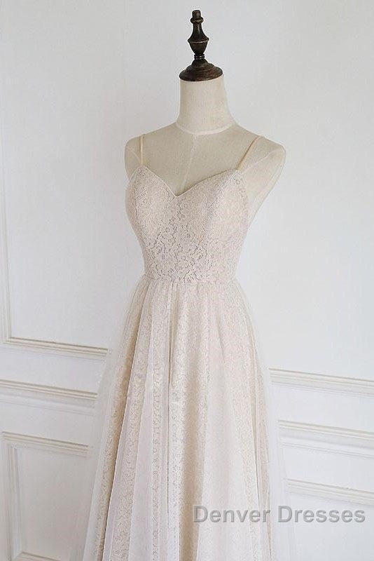 Light Champagne Lace Straps Sweetheart Party Dress Formal Dress, Tea Length Wedding Party Dress