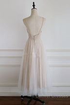 Light Champagne Lace Straps Sweetheart Party Dress Formal Dress, Tea Length Wedding Party Dress