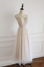 Light Champagne Lace Straps Sweetheart Party Dress Formal Dress, Tea Length Wedding Party Dress