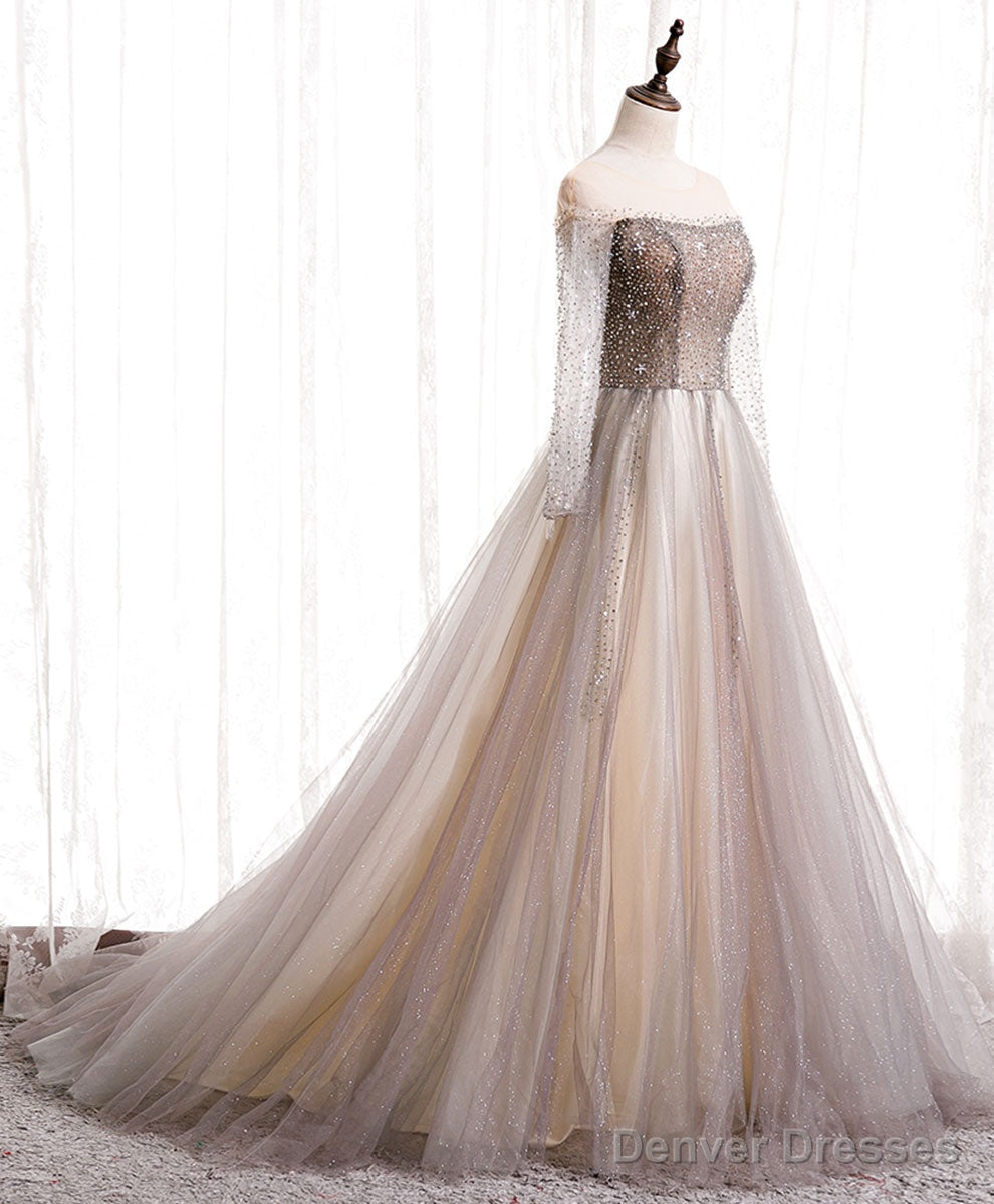 Light Champagne Long Prom Dress, A line Sequin Formal Evening Party Dress Main image