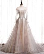 Light Champagne Long Prom Dress, A line Sequin Formal Evening Party Dress