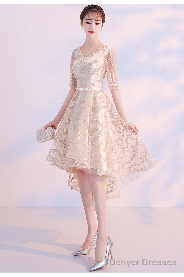 Light Champagne Lovely Lace High Low Homecoming Dress, New Short Prom Dress