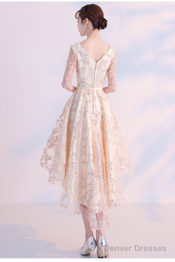 Light Champagne Lovely Lace High Low Homecoming Dress, New Short Prom Dress