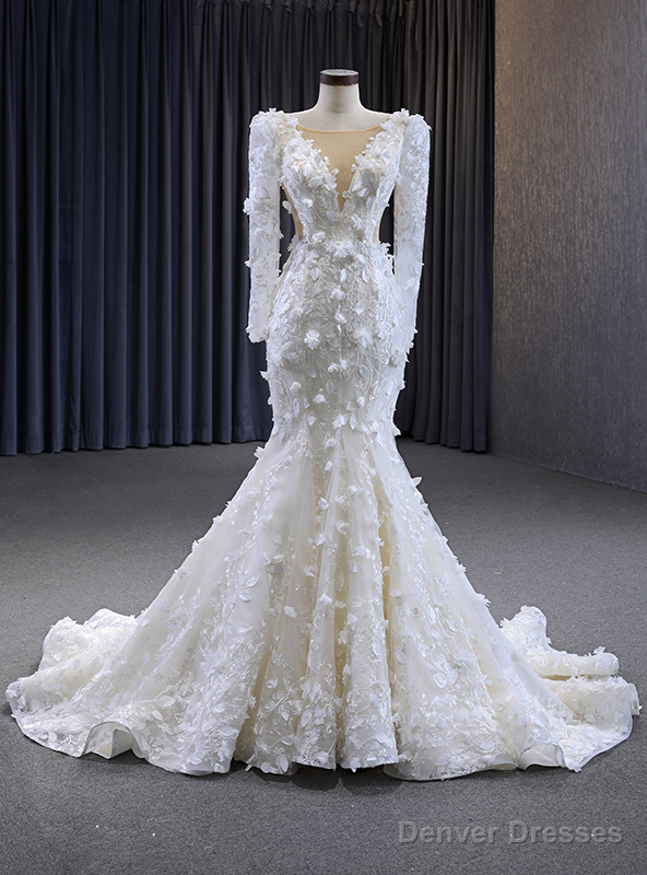 Light Champagne Mermaid Long Sleeve 3D Flower Wedding Dress Main image