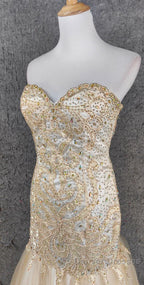 Light Champagne Mermaid Sweetheart Neck Beaded Tulle Long Ball Dress Vintage Evening Dress