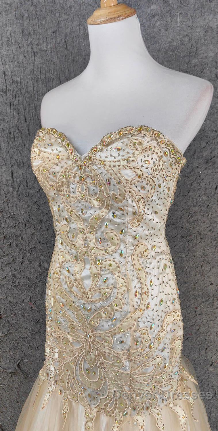 Light Champagne Mermaid Sweetheart Neck Beaded Tulle Long Ball Dress Vintage Evening Dress