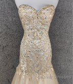 Light Champagne Mermaid Sweetheart Neck Beaded Tulle Long Ball Dress Vintage Evening Dress