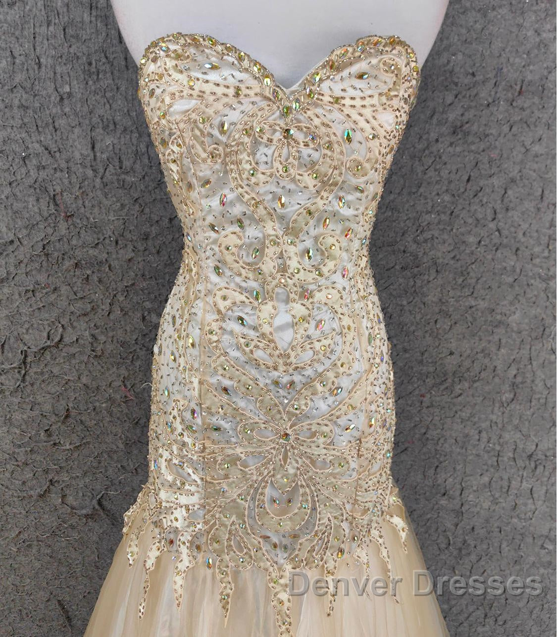 Light Champagne Mermaid Sweetheart Neck Beaded Tulle Long Ball Dress Vintage Evening Dress