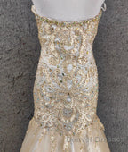 Light Champagne Mermaid Sweetheart Neck Beaded Tulle Long Ball Dress Vintage Evening Dress