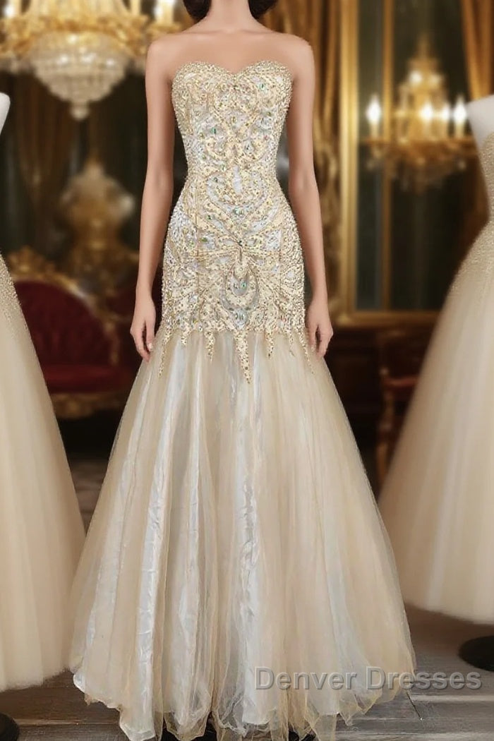 Light Champagne Mermaid Sweetheart Neck Beaded Tulle Long Ball Dress Vintage Evening Dress Main image