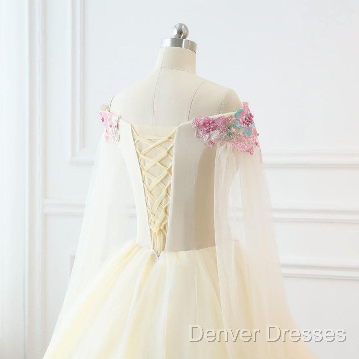 Light Champagne Off Shoulder Tulle With Flowers Formal Gown, Long Sweet 16 Dress