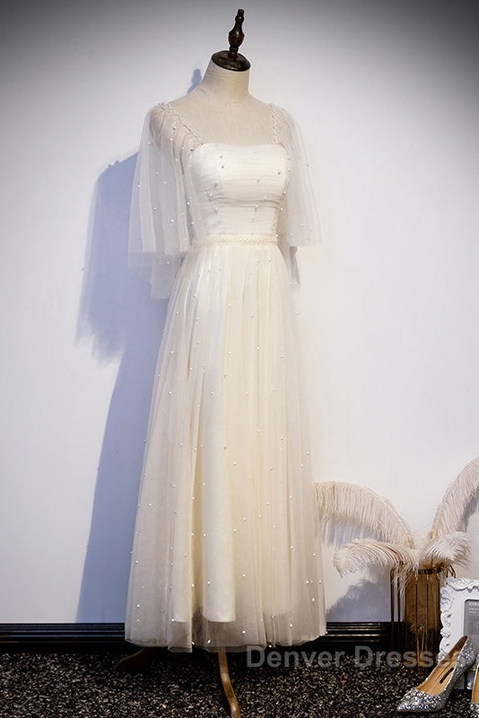 Light Champagne Short Sleeves Long Wedding Party Dress, Cute Prom Dress Secondary image