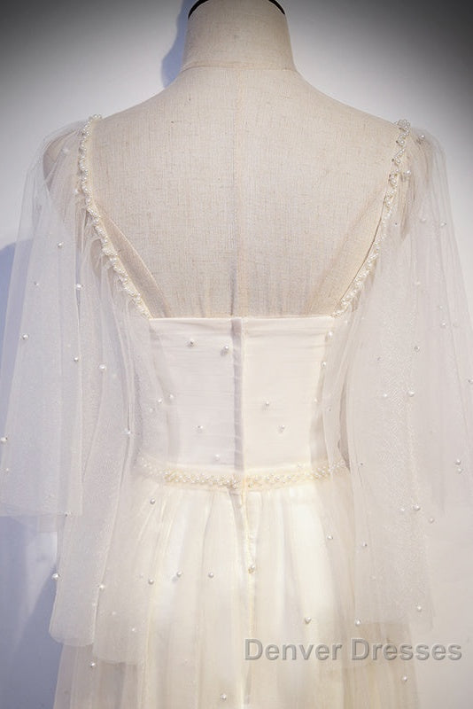 Light Champagne Short Sleeves Long Wedding Party Dress, Cute Prom Dress