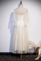 Light Champagne Short Sleeves Long Wedding Party Dress, Cute Prom Dress
