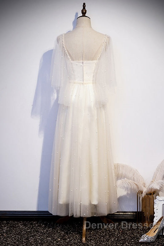Light Champagne Short Sleeves Long Wedding Party Dress, Cute Prom Dress