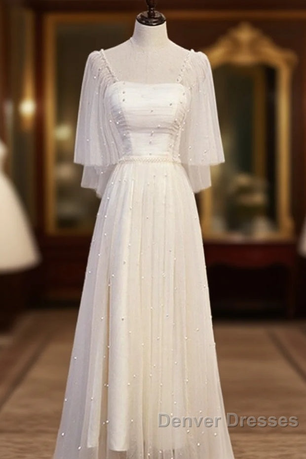 Light Champagne Short Sleeves Long Wedding Party Dress, Cute Prom Dress Main image