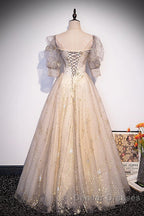Light Champagne Short Sleeves Tulle Long Formal Dress, A-Line Floor Length Party Dress