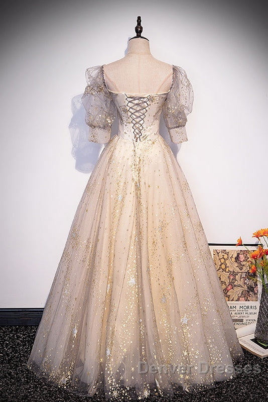 Light Champagne Short Sleeves Tulle Long Formal Dress, A-Line Floor Length Party Dress