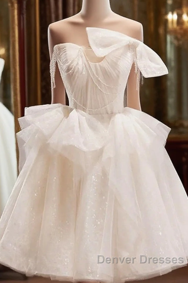 Light Champagne Short Tulle Prom Dress, Short Light Champagne Formal Graduation Dress