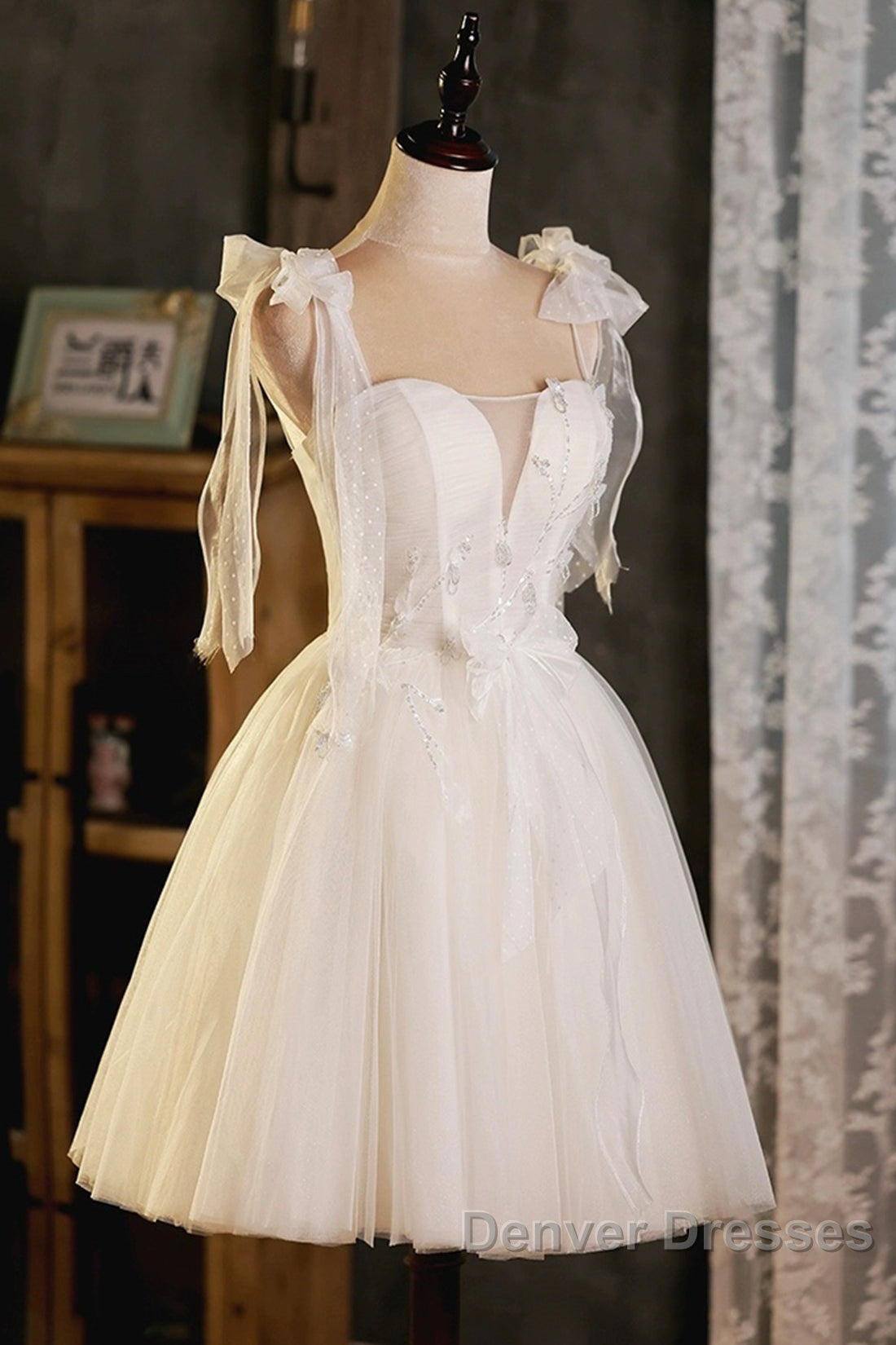 Light Champagne Spaghetti Strap Short Prom Dress, Cute A-Line Tulle Evening Party Dress Secondary image