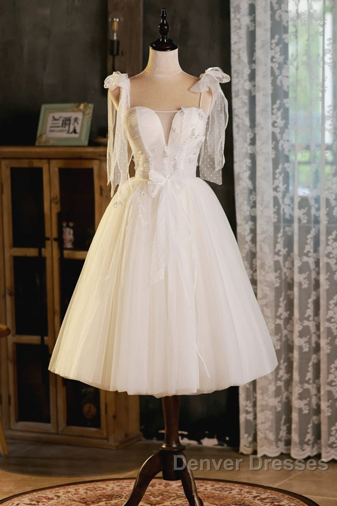 Light Champagne Spaghetti Strap Short Prom Dress, Cute A-Line Tulle Evening Party Dress