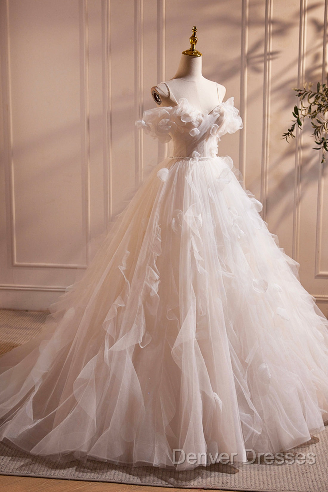 Light Champagne Spaghetti Strap Tulle Long Prom Dress, Beautiful A-Line Formal Evening Dress