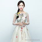 Light Champagne Tea Length Floral Lace Formal Dress Bridesmaid Dress, Cute Short Party Dresses