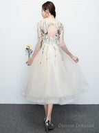 Light Champagne Tea Length Floral Lace Formal Dress Bridesmaid Dress, Cute Short Party Dresses