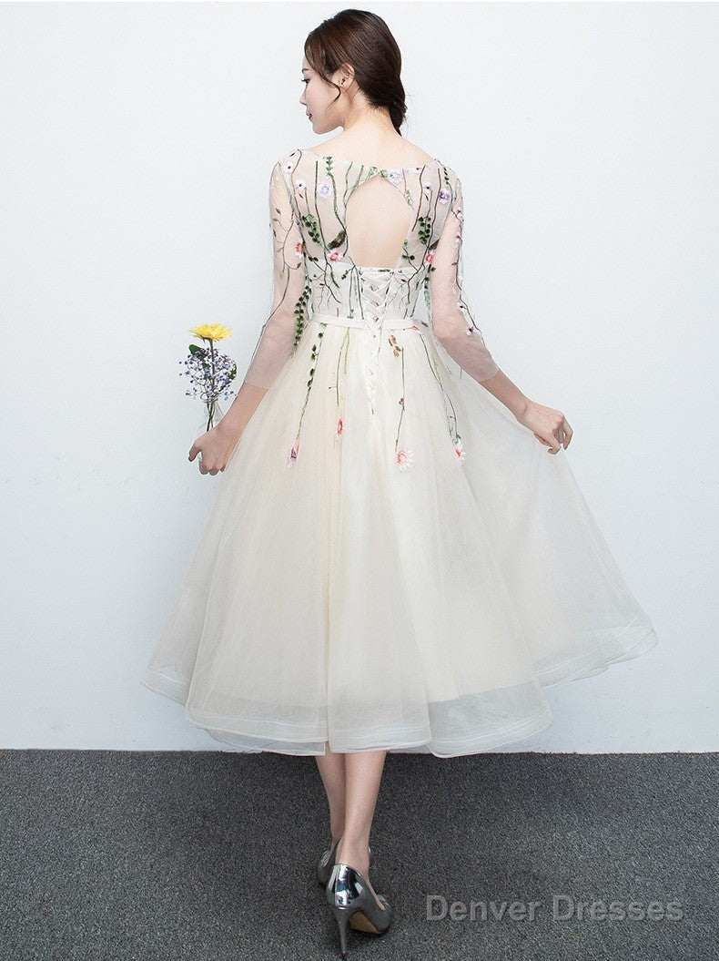 Light Champagne Tea Length Floral Lace Formal Dress Bridesmaid Dress, Cute Short Party Dresses