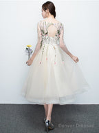 Light Champagne Tea Length Floral Lace Formal Dress Bridesmaid Dress, Cute Short Party Dresses