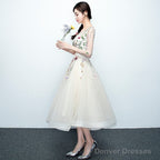 Light Champagne Tea Length Floral Lace Formal Dress Bridesmaid Dress, Cute Short Party Dresses