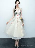 Light Champagne Tea Length Floral Lace Formal Dress Bridesmaid Dress, Cute Short Party Dresses