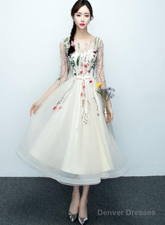 Light Champagne Tea Length Floral Lace Formal Dress Bridesmaid Dress, Cute Short Party Dresses
