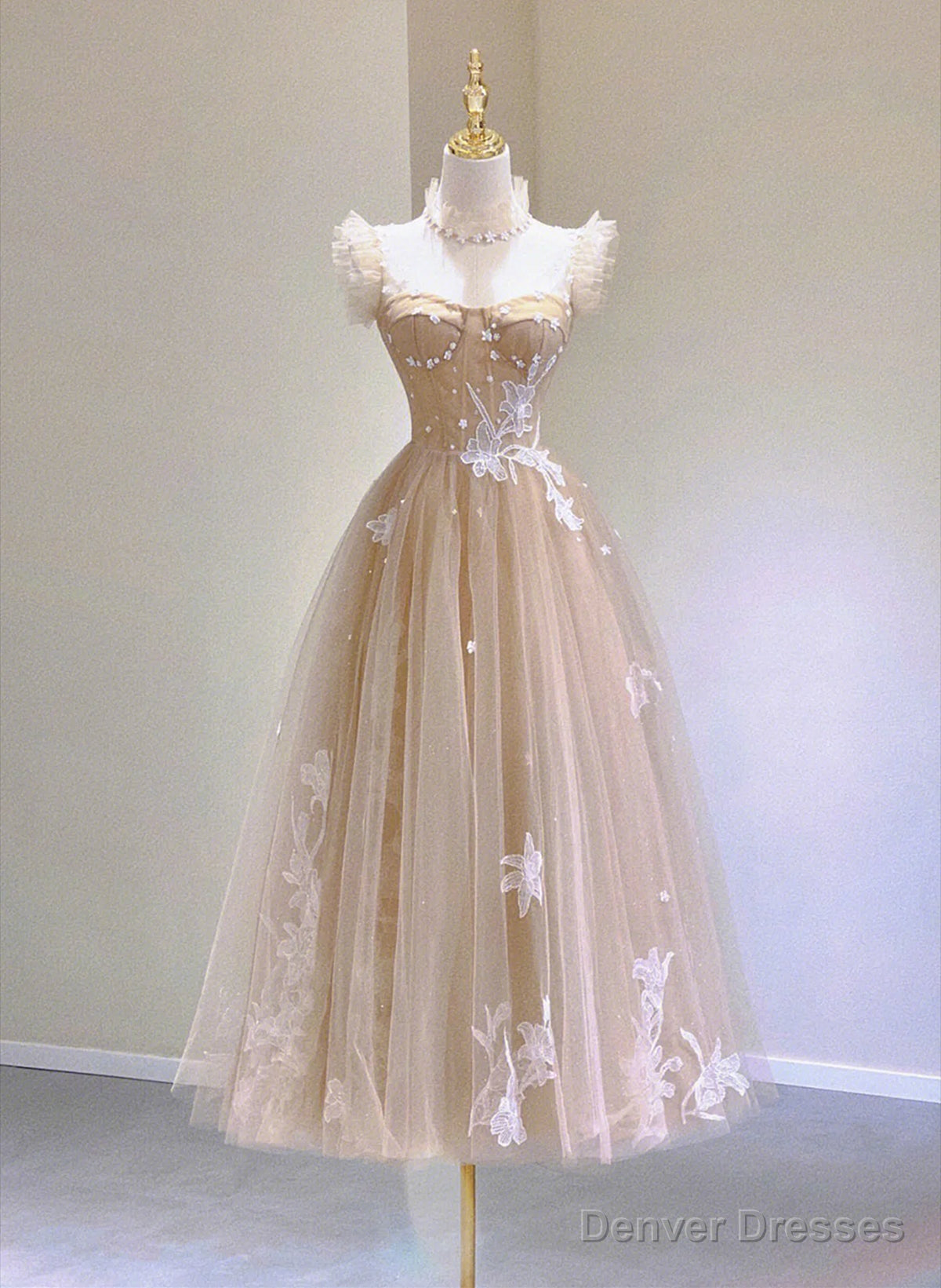 Light Champagne Tea Length Tulle Party Dress, Champagne Lace Homecoming Dress Main image