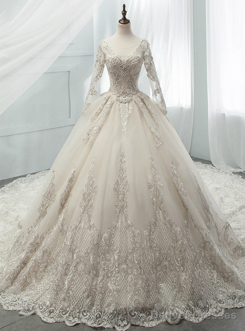 Light Champagne Tulle Appliques Long Sleeve Backless Beading Wedding Dress Main image