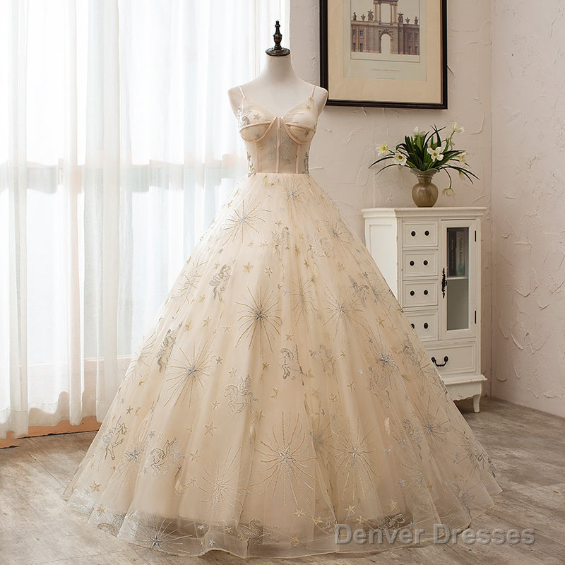 Light Champagne Tulle Ball Gown Straps Sweet 16 Gown, Ball Gown Long Formal Dress
