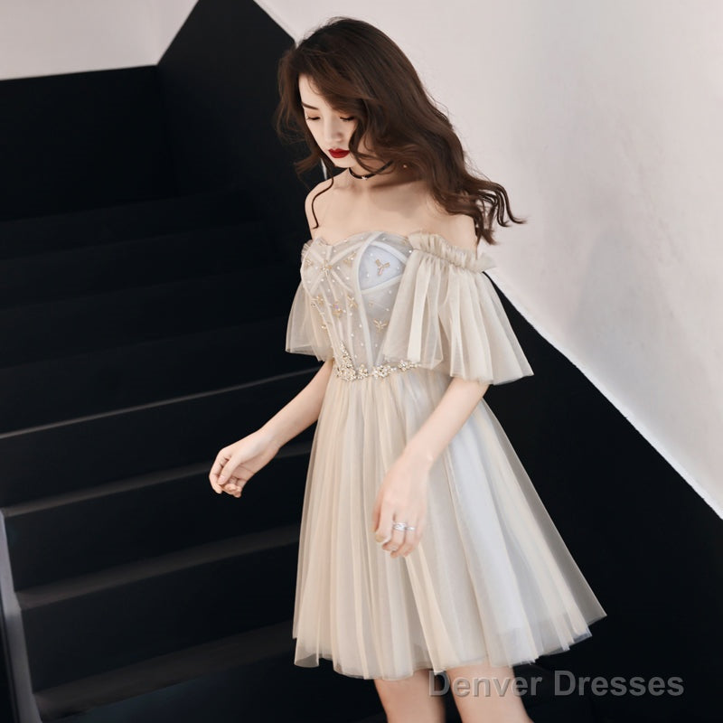 Light Champagne Tulle Beaded Sweetheart Homecoming Dress, Short Prom Dress Secondary image