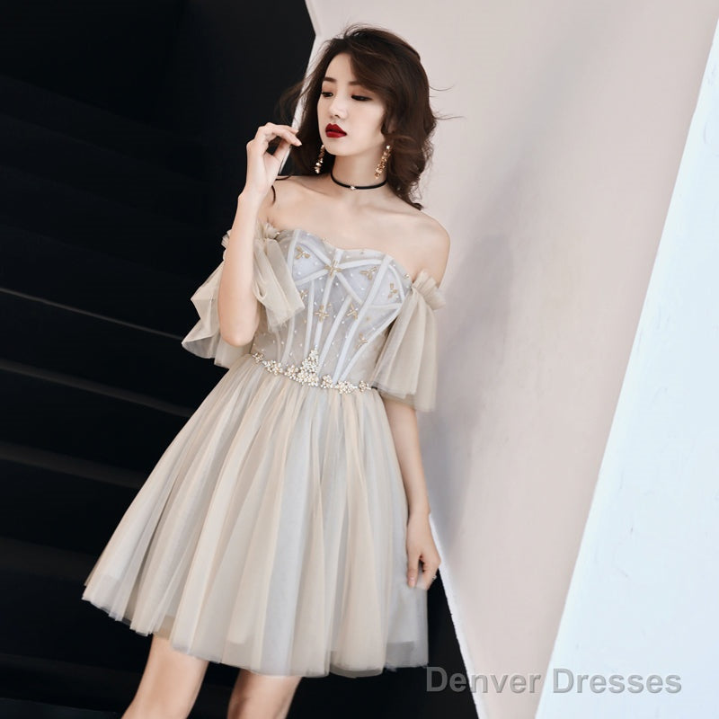 Light Champagne Tulle Beaded Sweetheart Homecoming Dress, Short Prom Dress