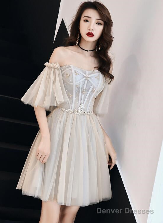 Light Champagne Tulle Beaded Sweetheart Homecoming Dress, Short Prom Dress Main image