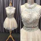 Light Champagne Tulle Lace Beading Homecoming Dress Two Piece Style